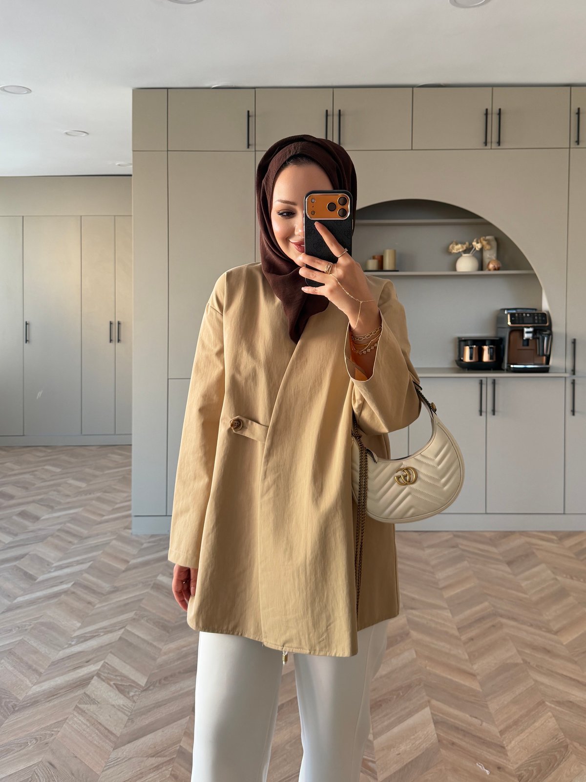 Korce Düğme Detaylı Trenç Camel (3141)