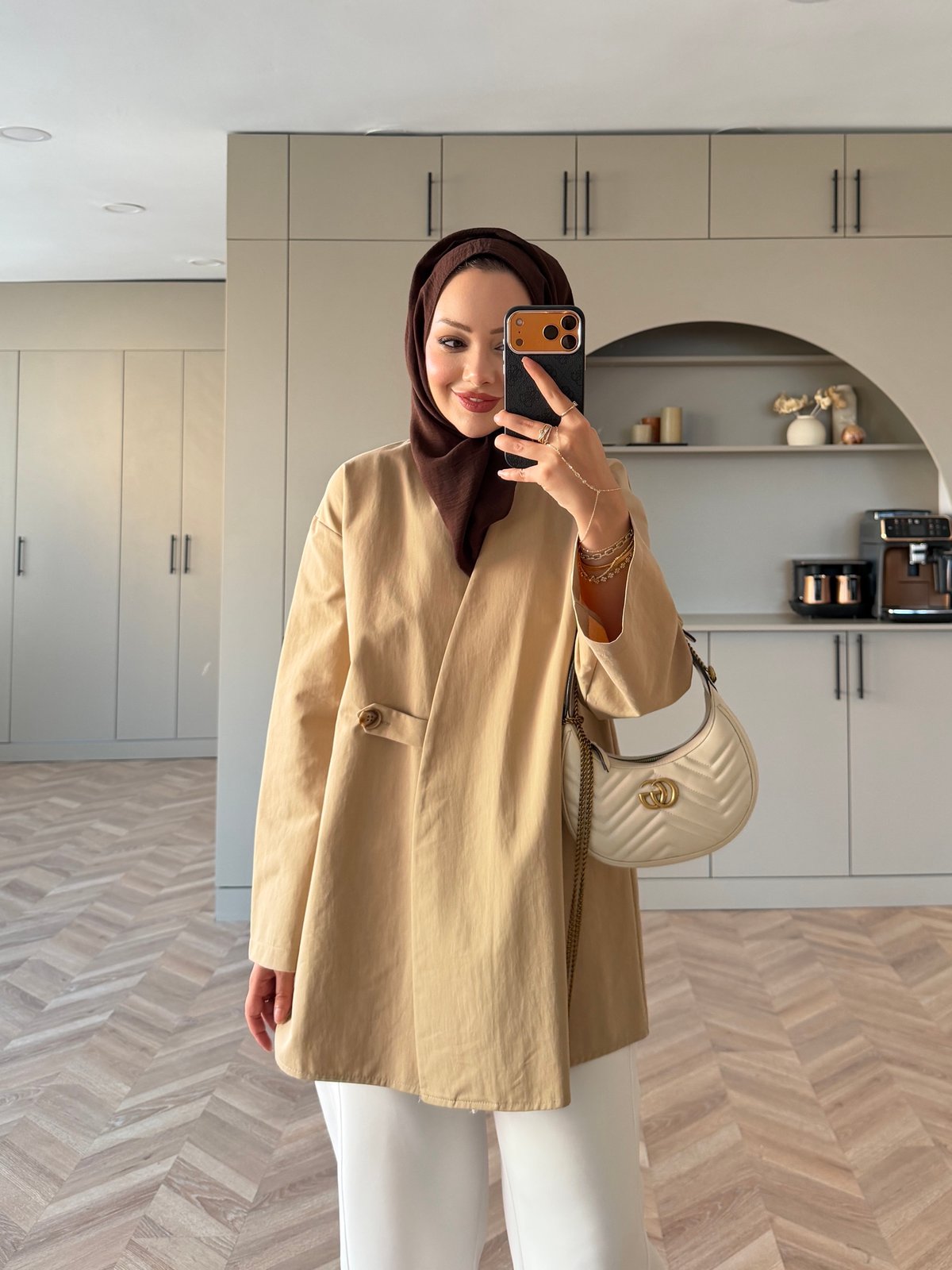 Korce Düğme Detaylı Trenç Camel (3141)