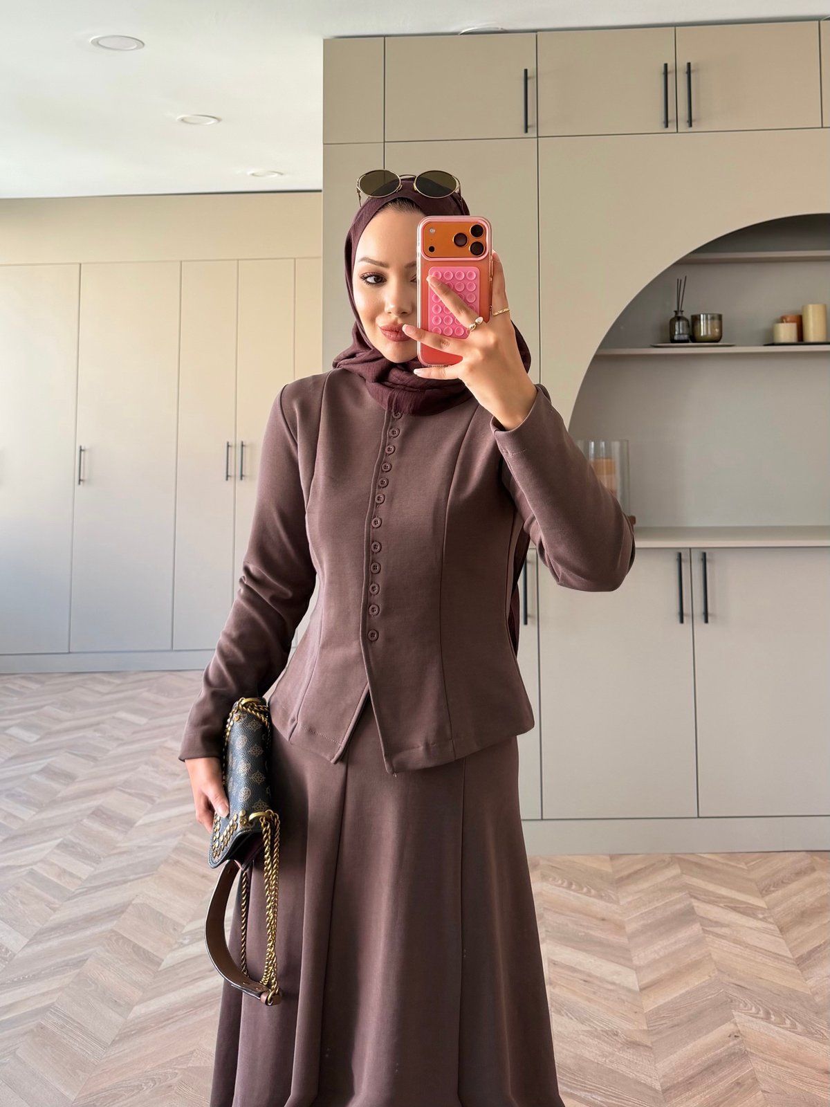 Ladin Çelik Örme Düğmeli Etekli Takım Kahve (4565)