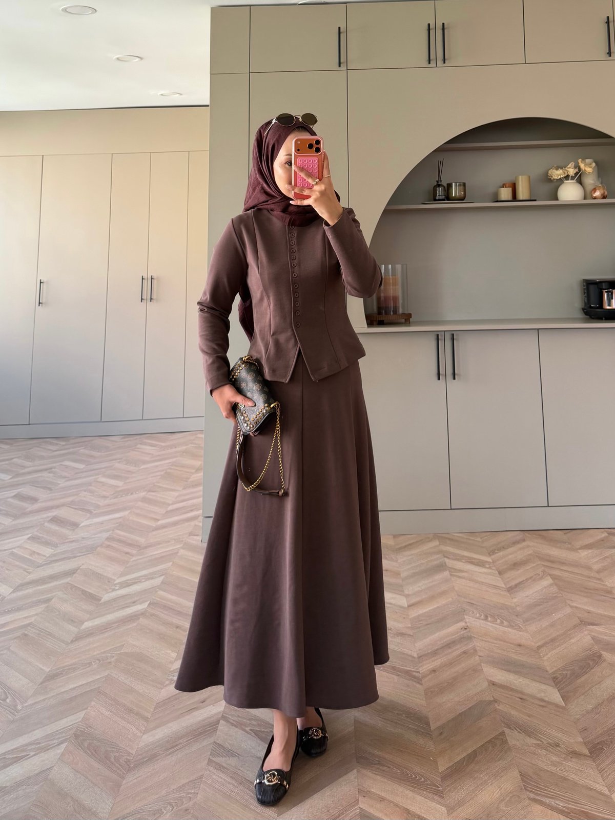 Ladin Çelik Örme Düğmeli Etekli Takım Kahve (4565)