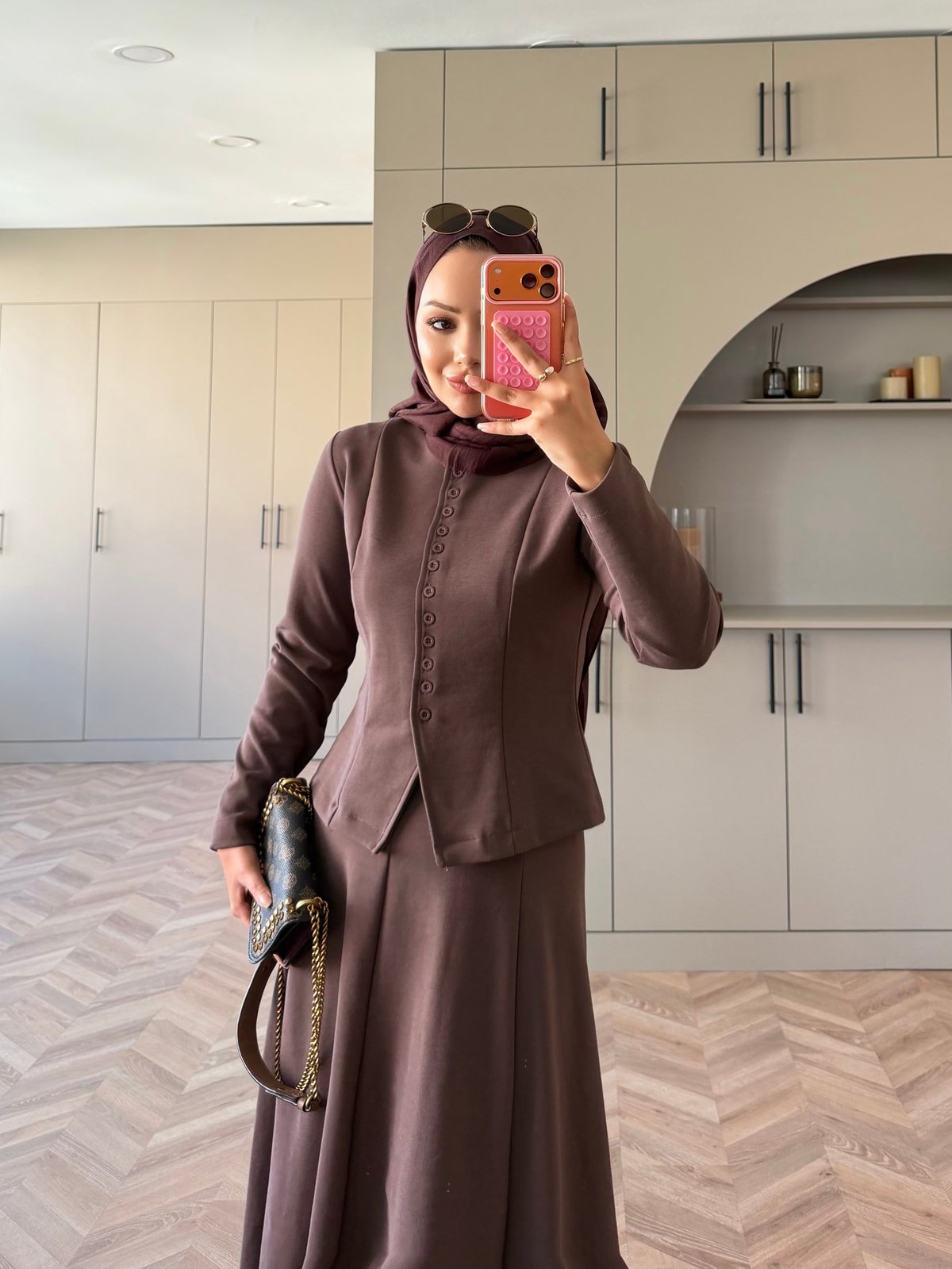 Ladin Çelik Örme Düğmeli Etekli Takım Kahve (4565)
