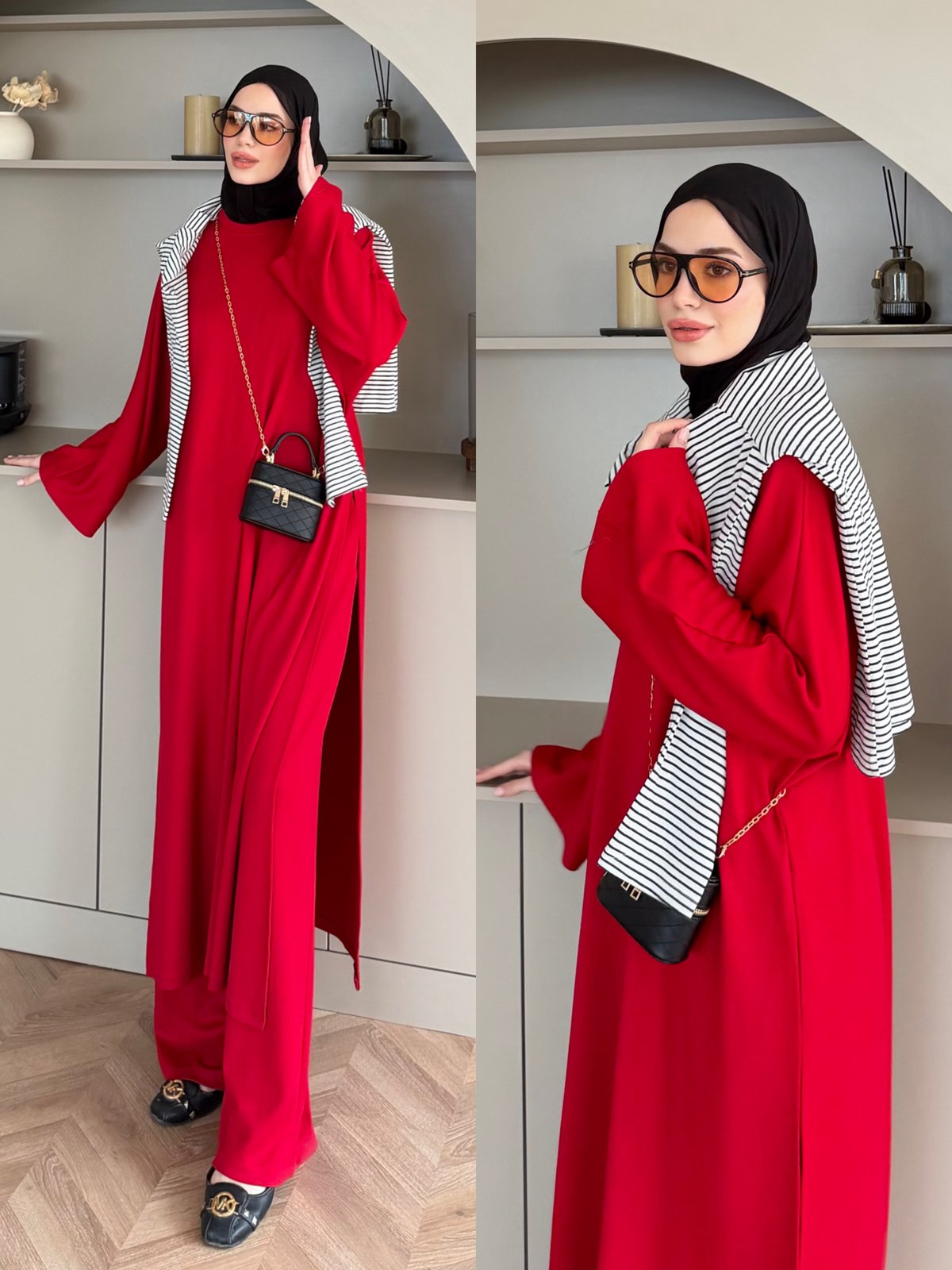 Louchy Yırtmaçlı Pantolonlu Takım Kırmızı (8083)
