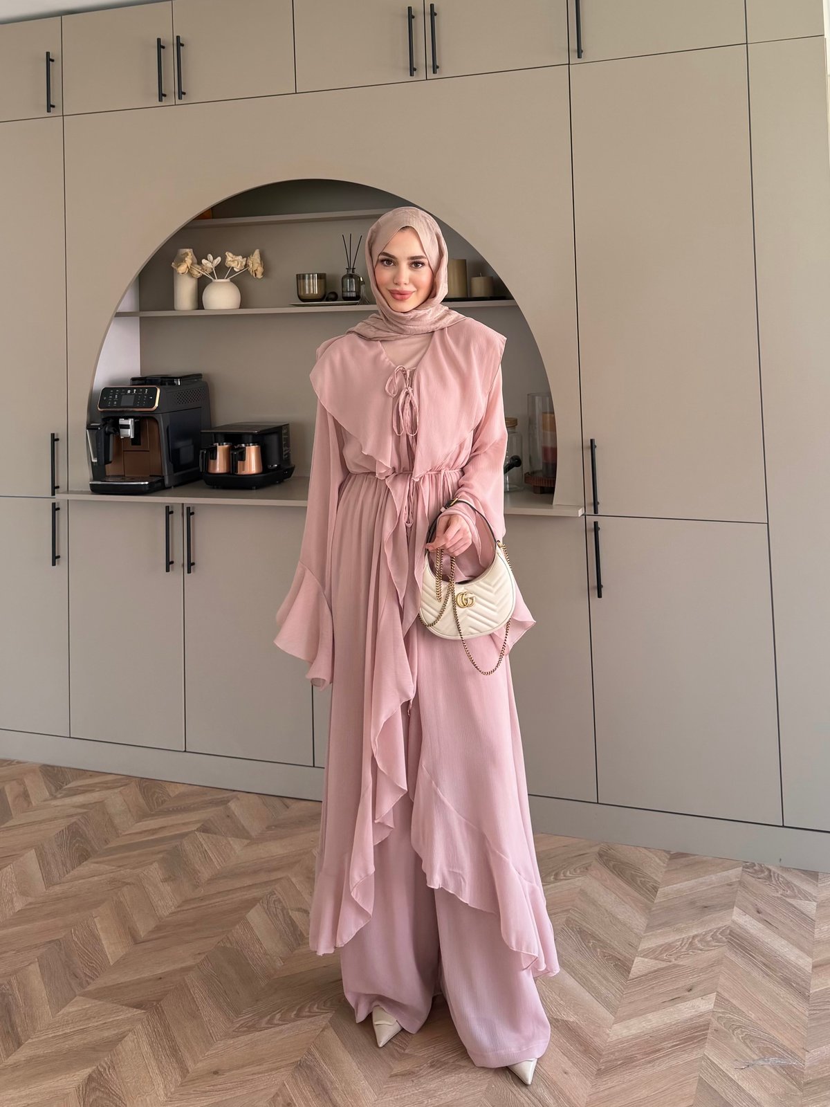 Lumira Abaya Pantolonlu Takım Pudra (8578)