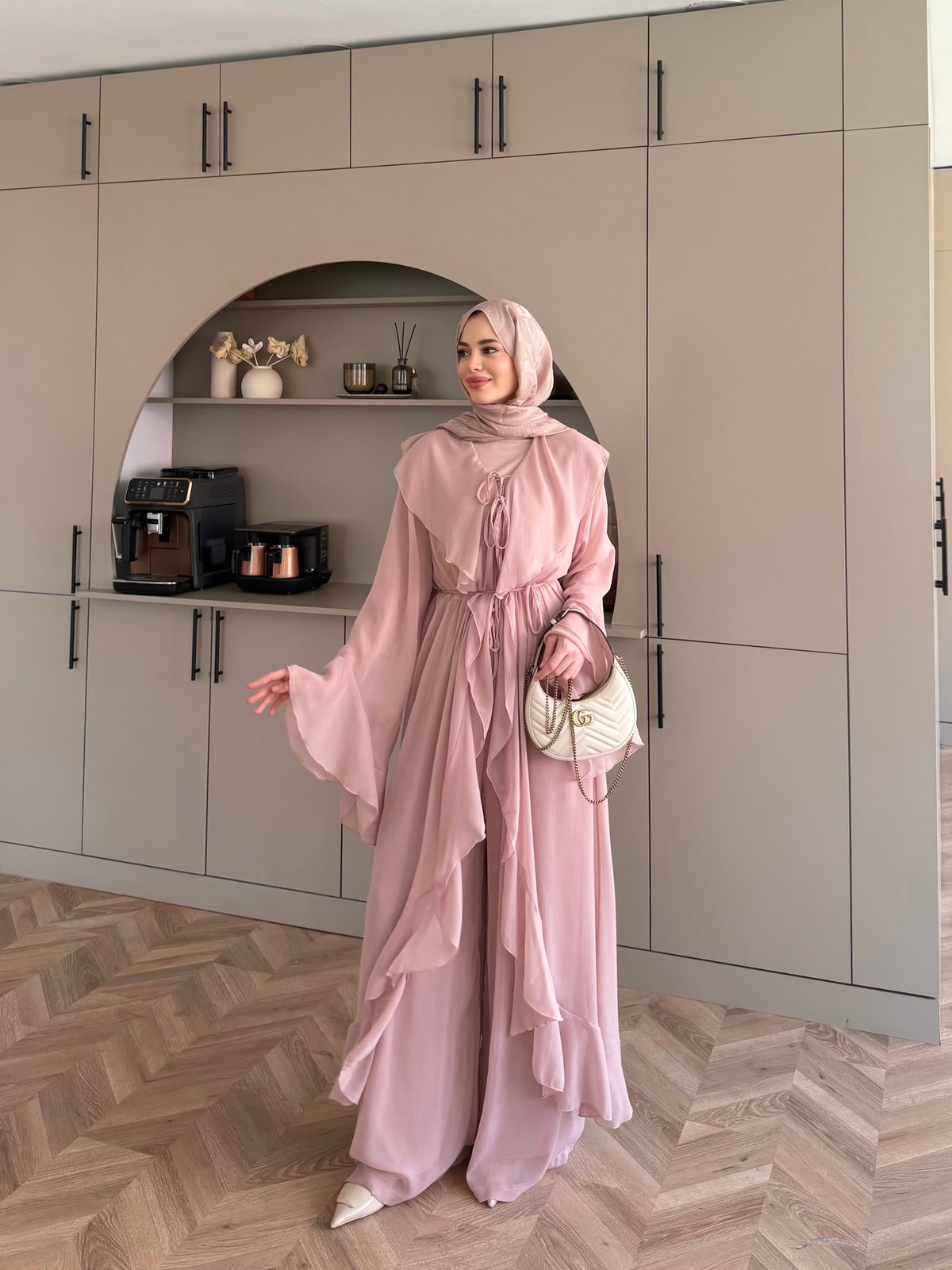 Lumira Abaya Pantolonlu Takım Pudra (8578)