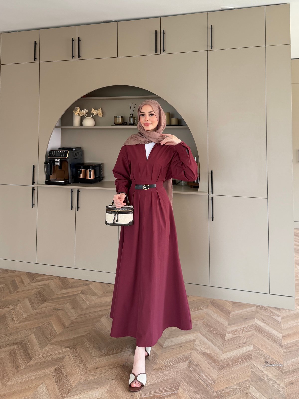 Lunelle Kemerli Elbise Bordo (4508)
