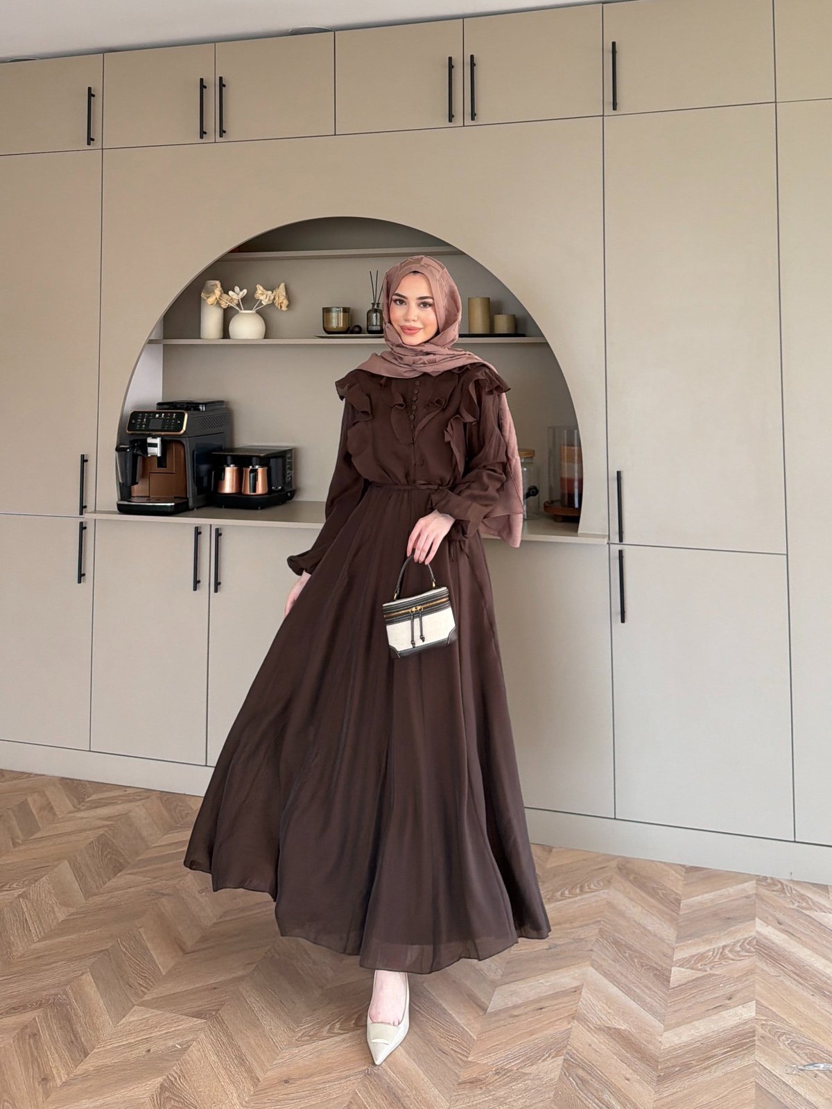 Lushe Fırfır Detaylı Elbise Kahve (26169)