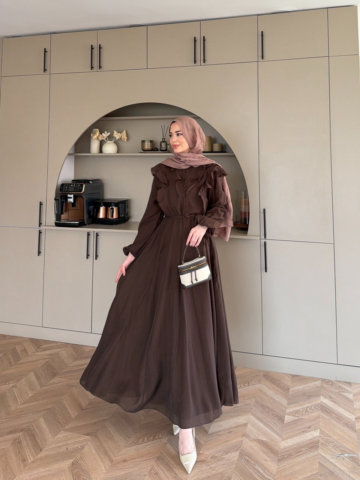 Lushe Fırfır Detaylı Elbise Kahve (26169)