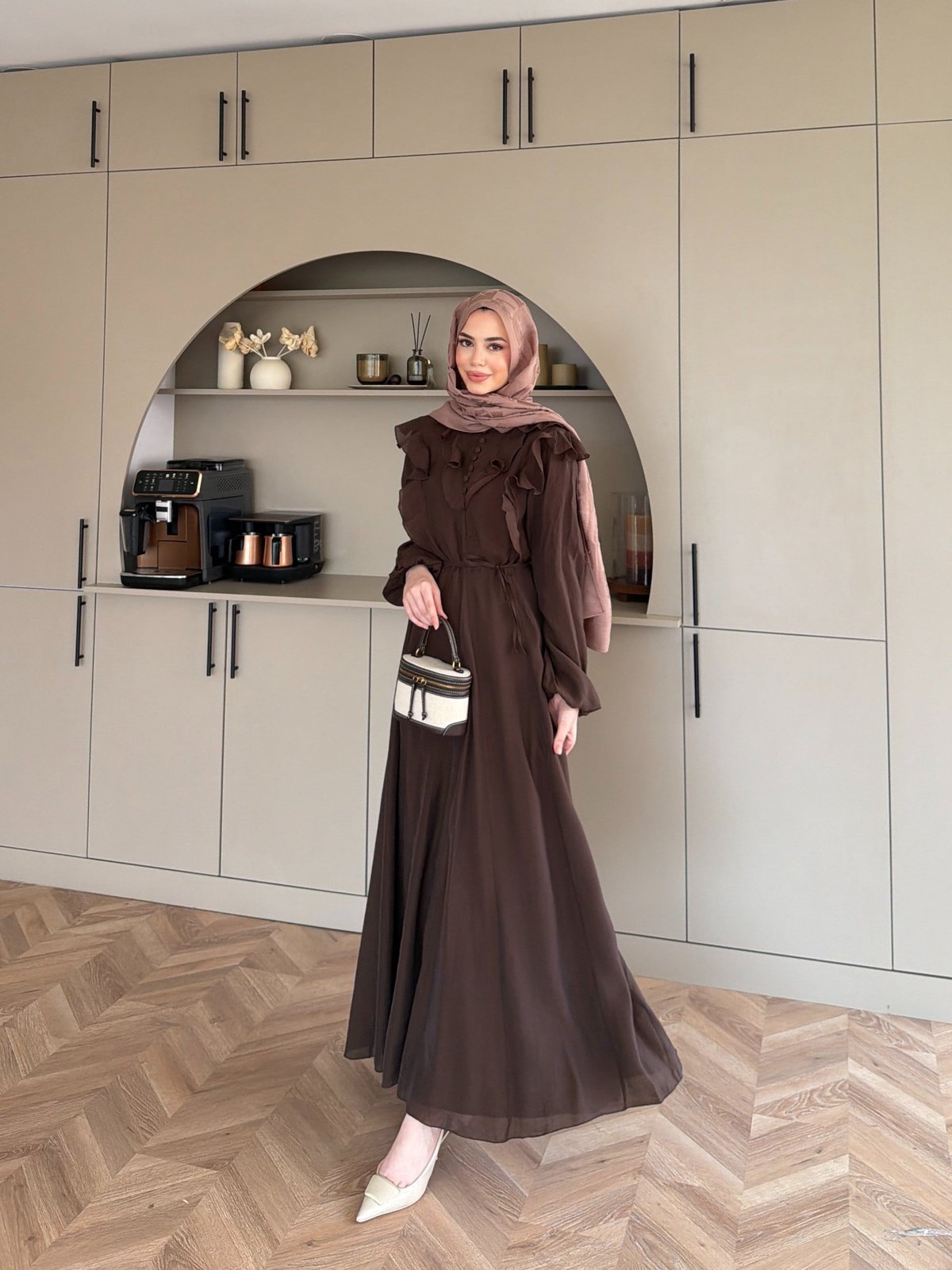 Lushe Fırfır Detaylı Elbise Kahve (26169)