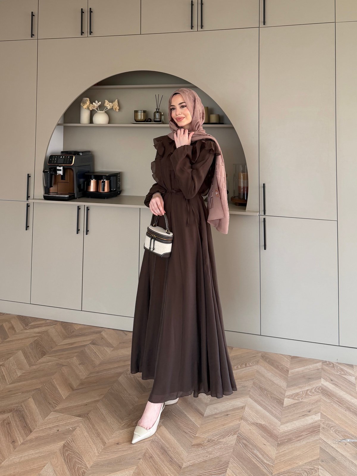 Lushe Fırfır Detaylı Elbise Kahve (26169)