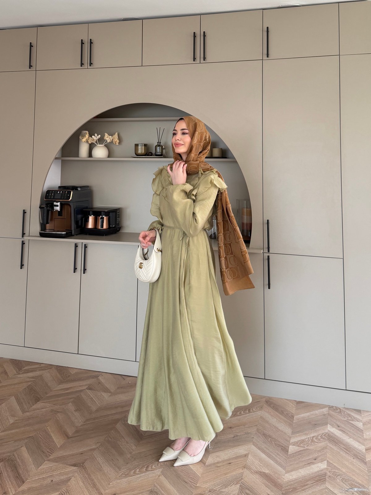 Lushe Fırfır Detaylı Elbise Yağ Yeşili (26169)