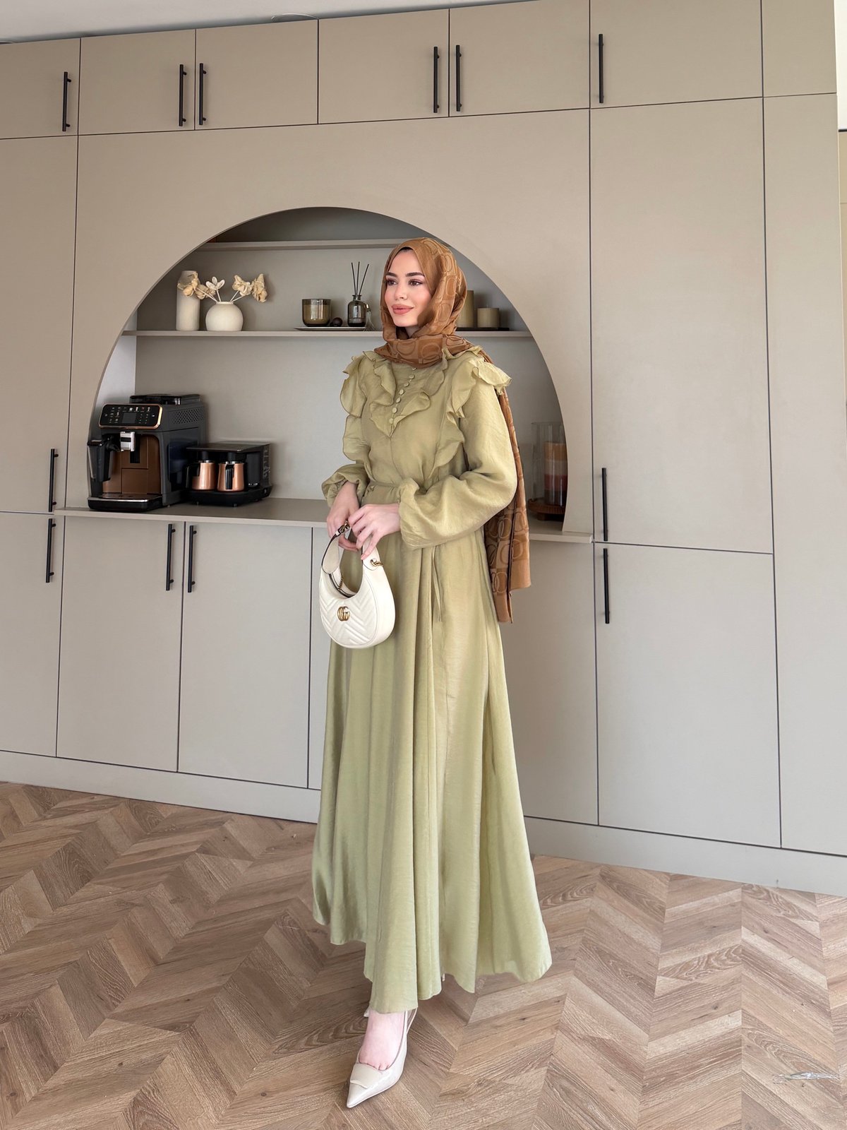 Lushe Fırfır Detaylı Elbise Yağ Yeşili (26169)