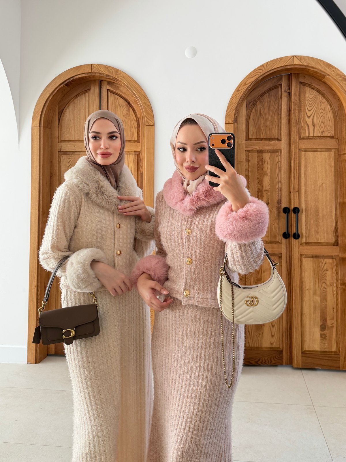Maray Kürk Detaylı Triko Etekli Takım Pembe (8937)