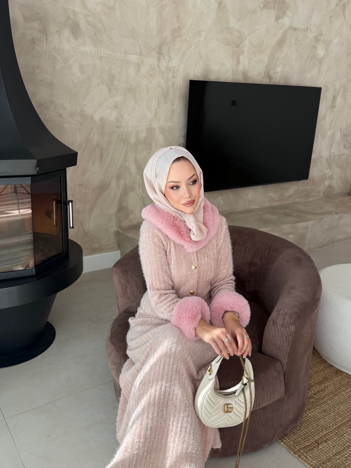 Maray Kürk Detaylı Triko Etekli Takım Pembe (8937)