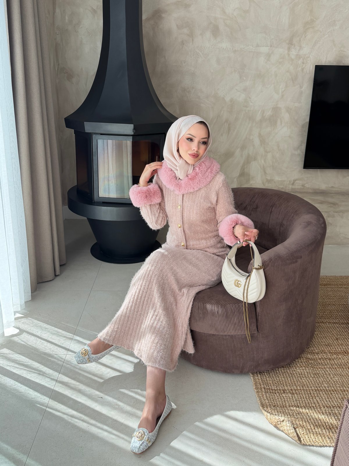 Maray Kürk Detaylı Triko Etekli Takım Pembe (8937)