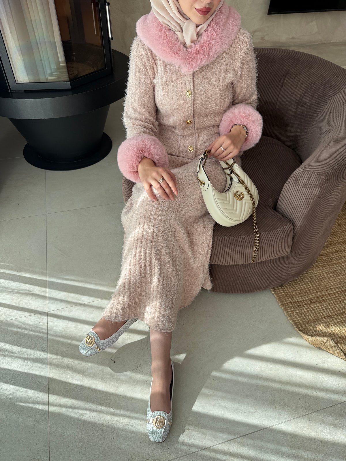 Maray Kürk Detaylı Triko Etekli Takım Pembe (8937)