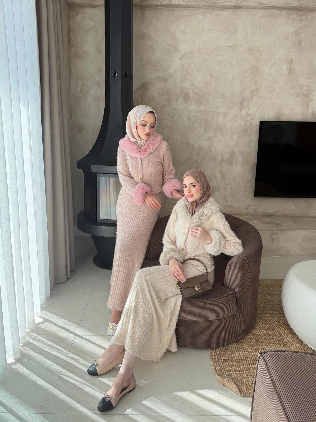 Maray Kürk Detaylı Triko Etekli Takım Pembe (8937)