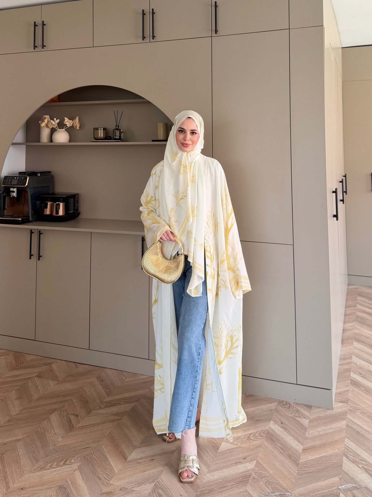 Mercan Desen Şallı Kimono/Abaya ButterYellow (1082)