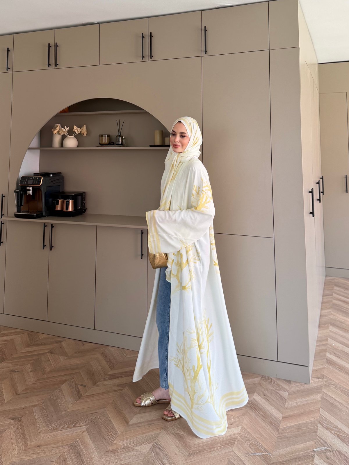 Mercan Desen Şallı Kimono/Abaya ButterYellow (1082)