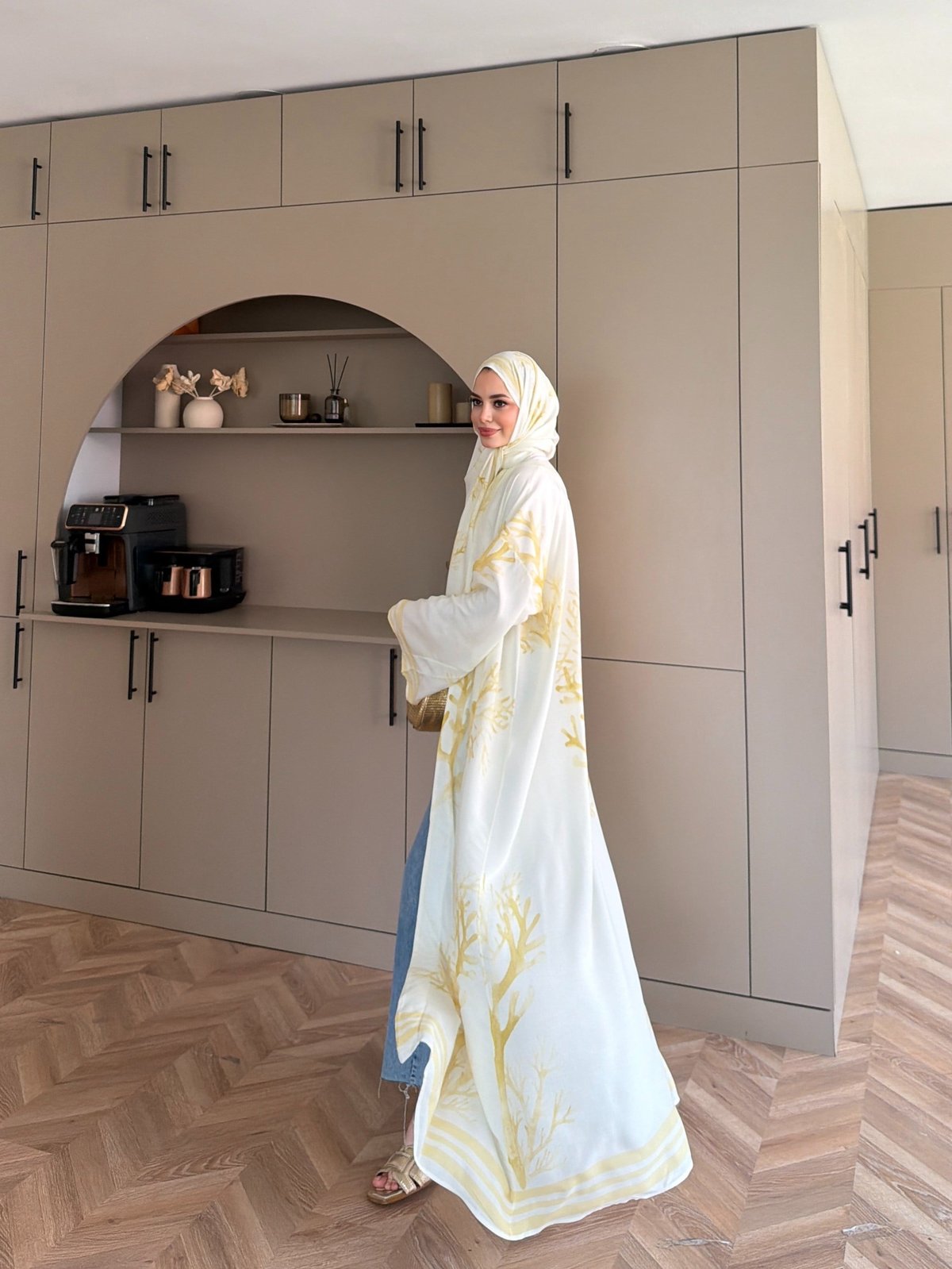 Mercan Desen Şallı Kimono/Abaya ButterYellow (1082)