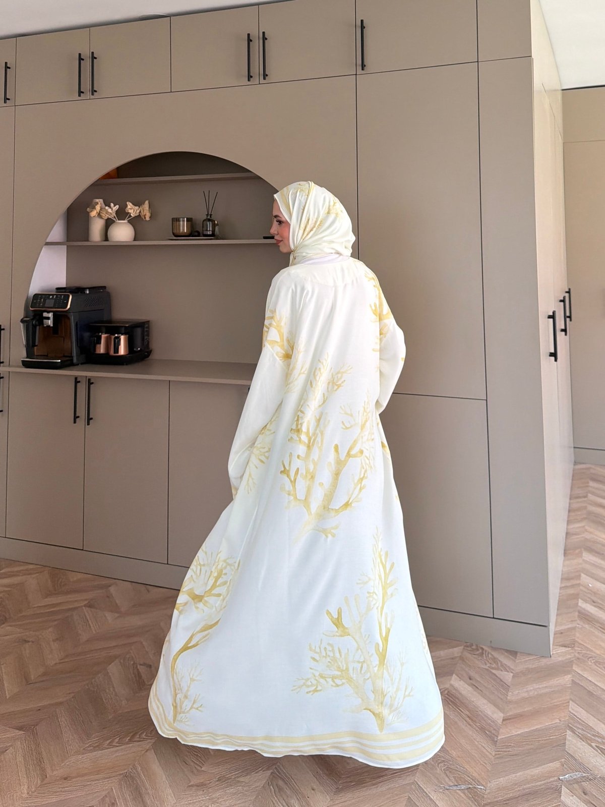 Mercan Desen Şallı Kimono/Abaya ButterYellow (1082)