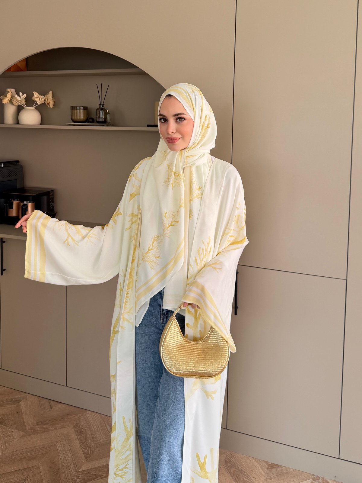 Mercan Desen Şallı Kimono/Abaya ButterYellow (1082)