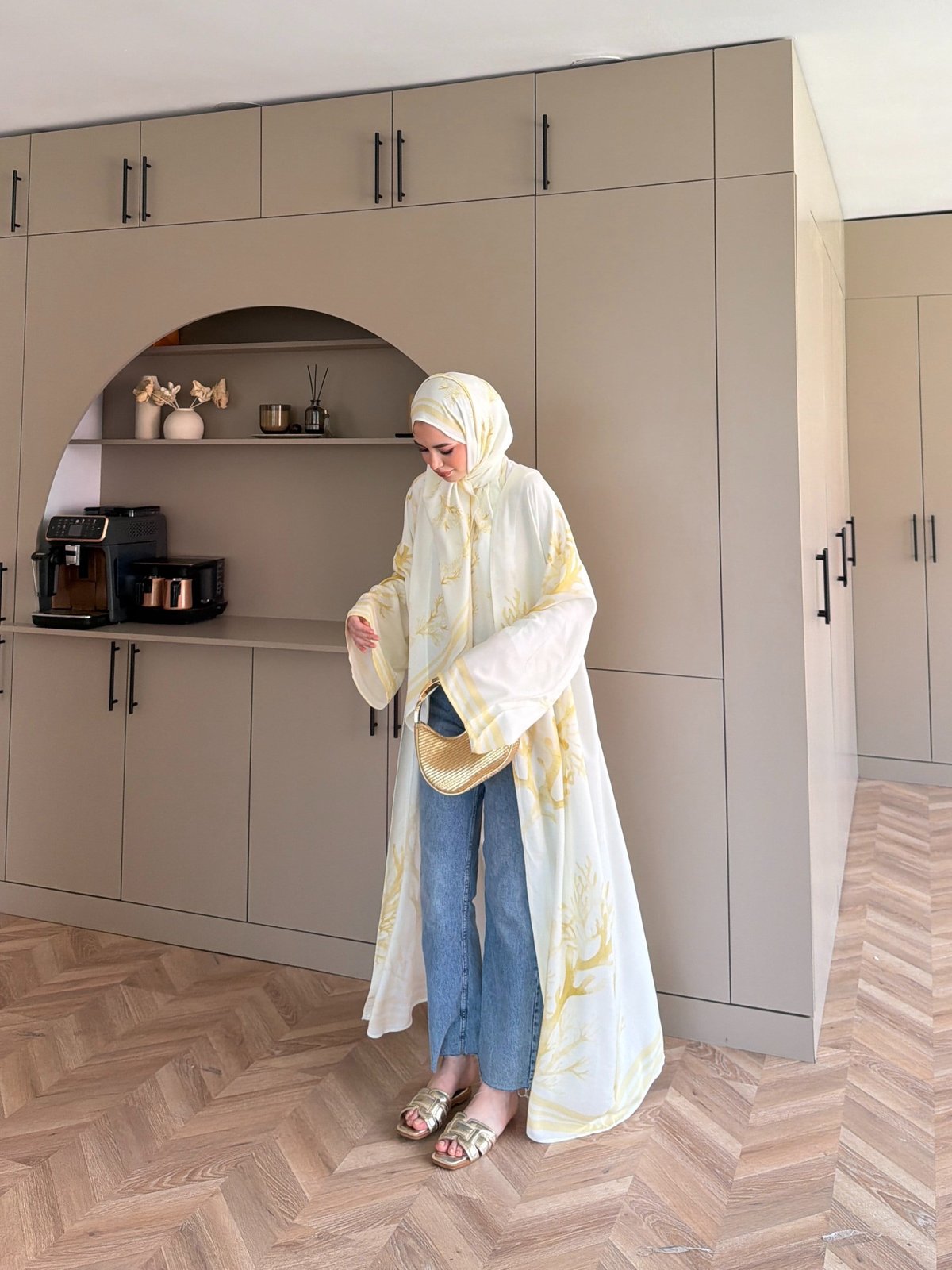 Mercan Desen Şallı Kimono/Abaya ButterYellow (1082)