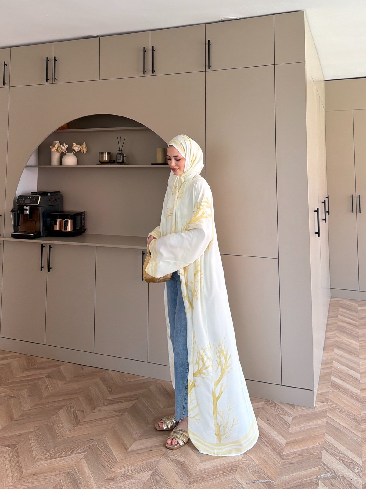 Mercan Desen Şallı Kimono/Abaya ButterYellow (1082)