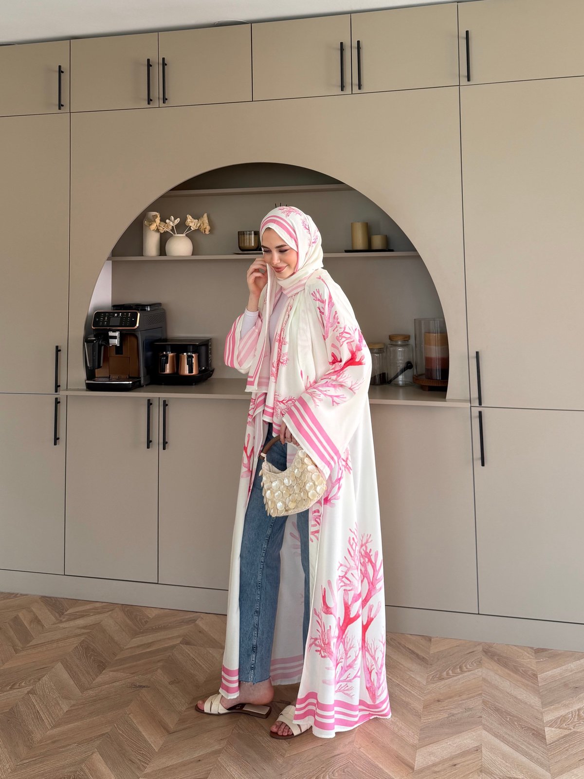 Mercan Desen Şallı Kimono/Abaya Pembe (1082)