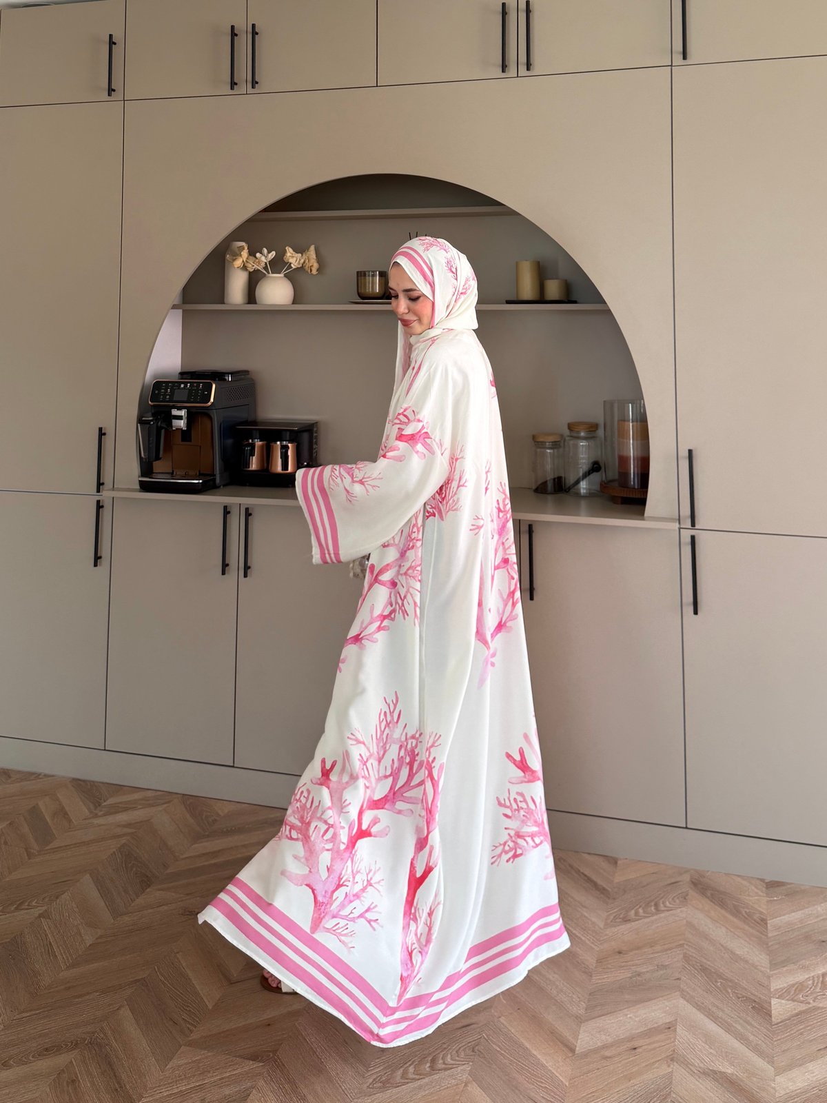 Mercan Desen Şallı Kimono/Abaya Pembe (1082)