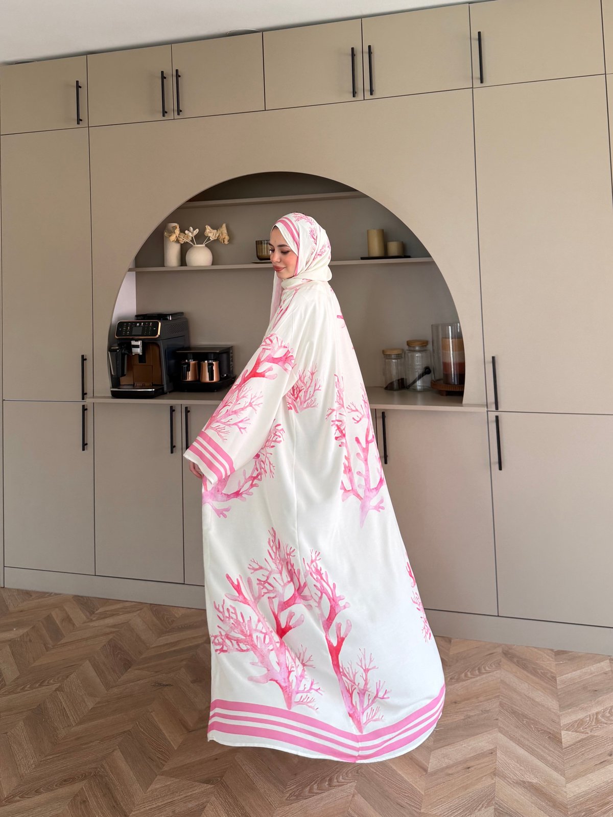 Mercan Desen Şallı Kimono/Abaya Pembe (1082)