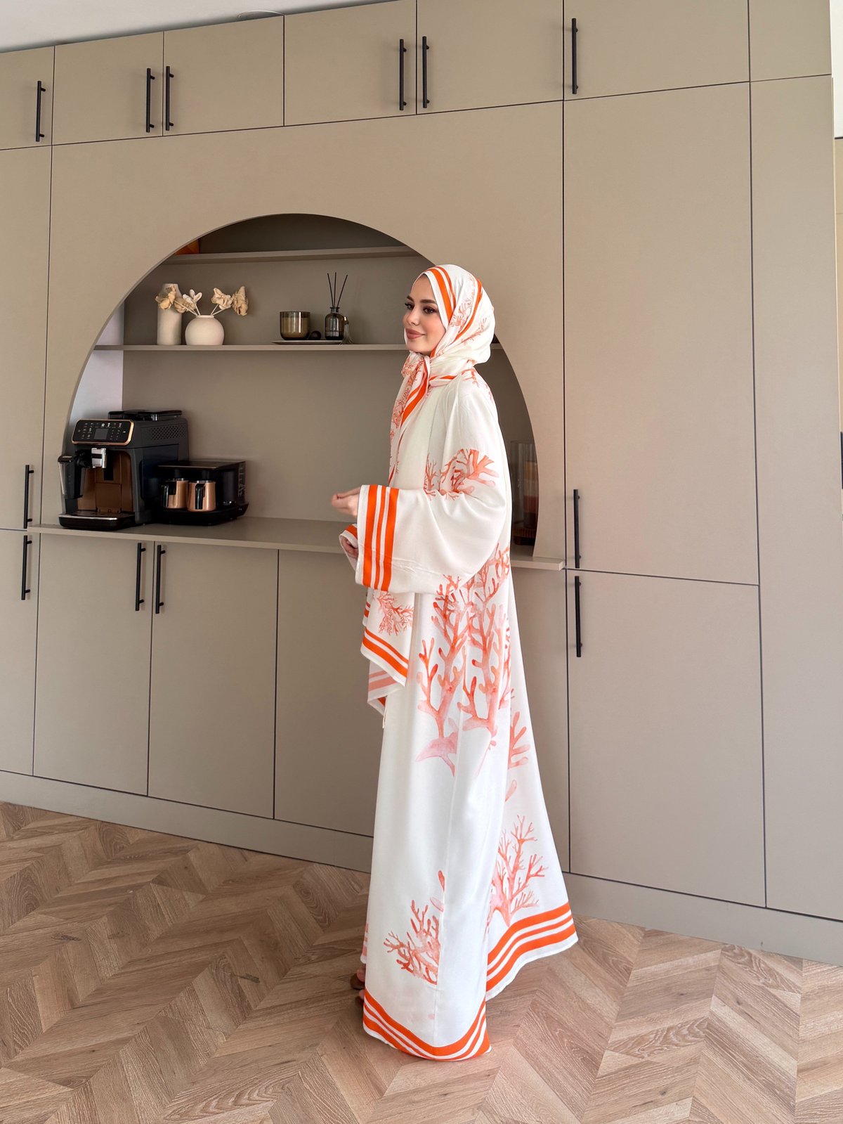 Mercan Desen Şallı Kimono/Abaya Turuncu (1082)