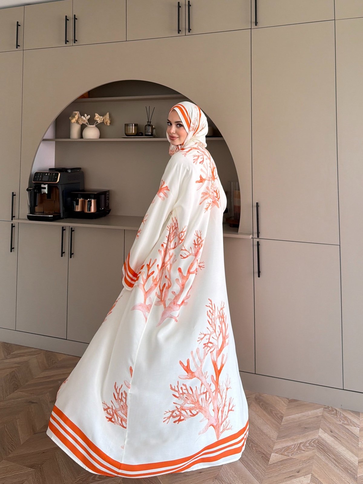 Mercan Desen Şallı Kimono/Abaya Turuncu (1082)