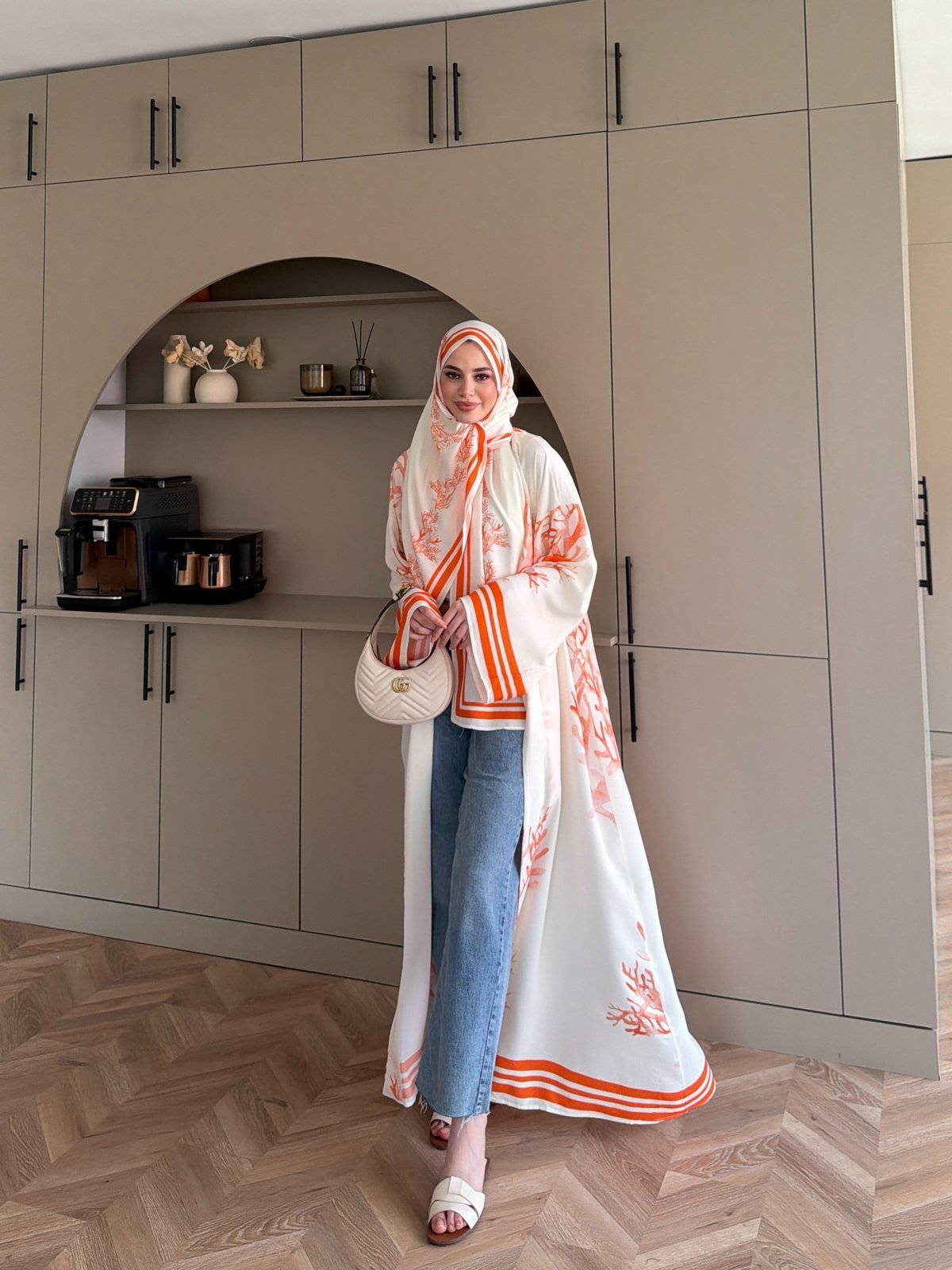 Mercan Desen Şallı Kimono/Abaya Turuncu (1082)