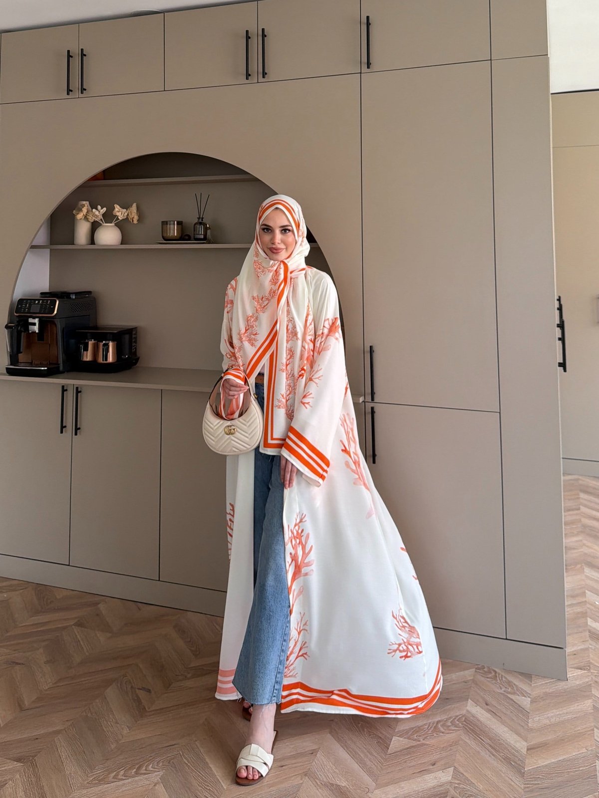 Mercan Desen Şallı Kimono/Abaya Turuncu (1082)