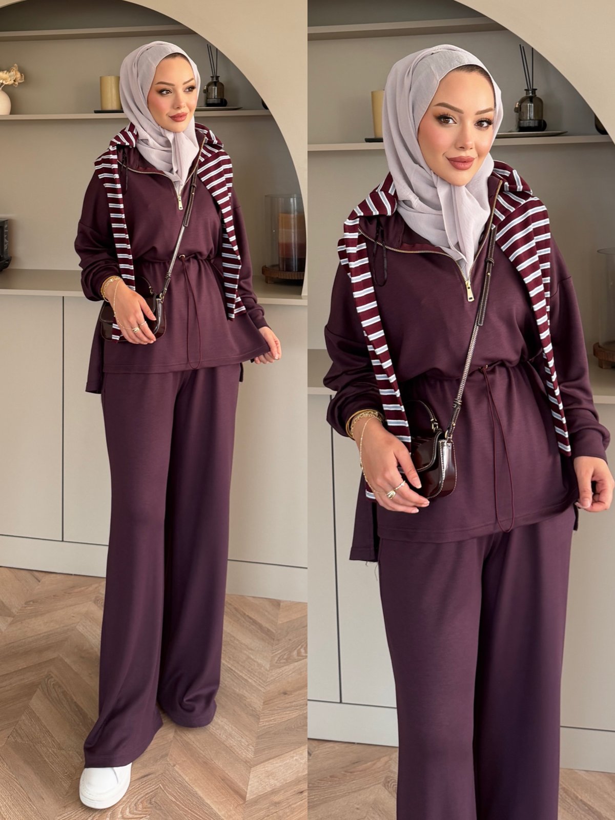Moka Beli Büzgülü Dik Yaka Oysh Takım Mürdüm (2384)