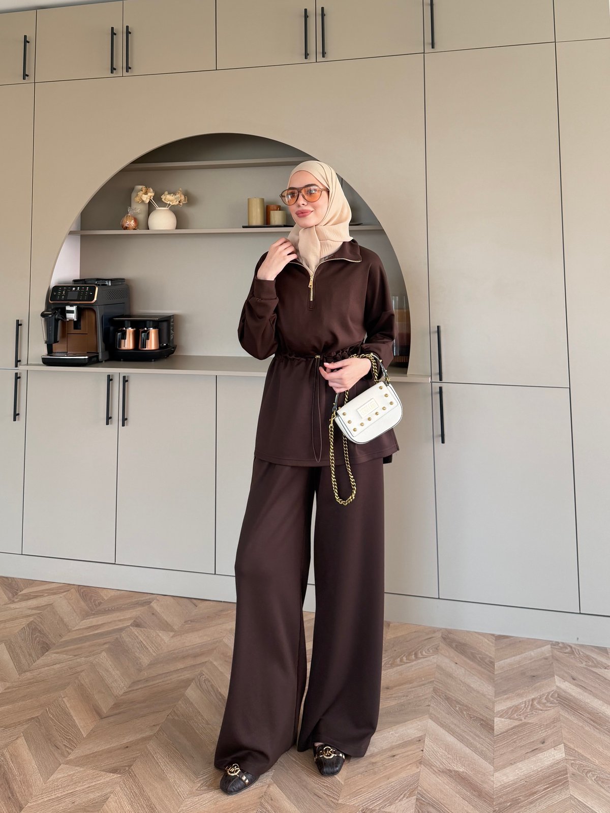 Moka Beli Büzgülü Dik Yaka Oysh Takım Kahve (2384)
