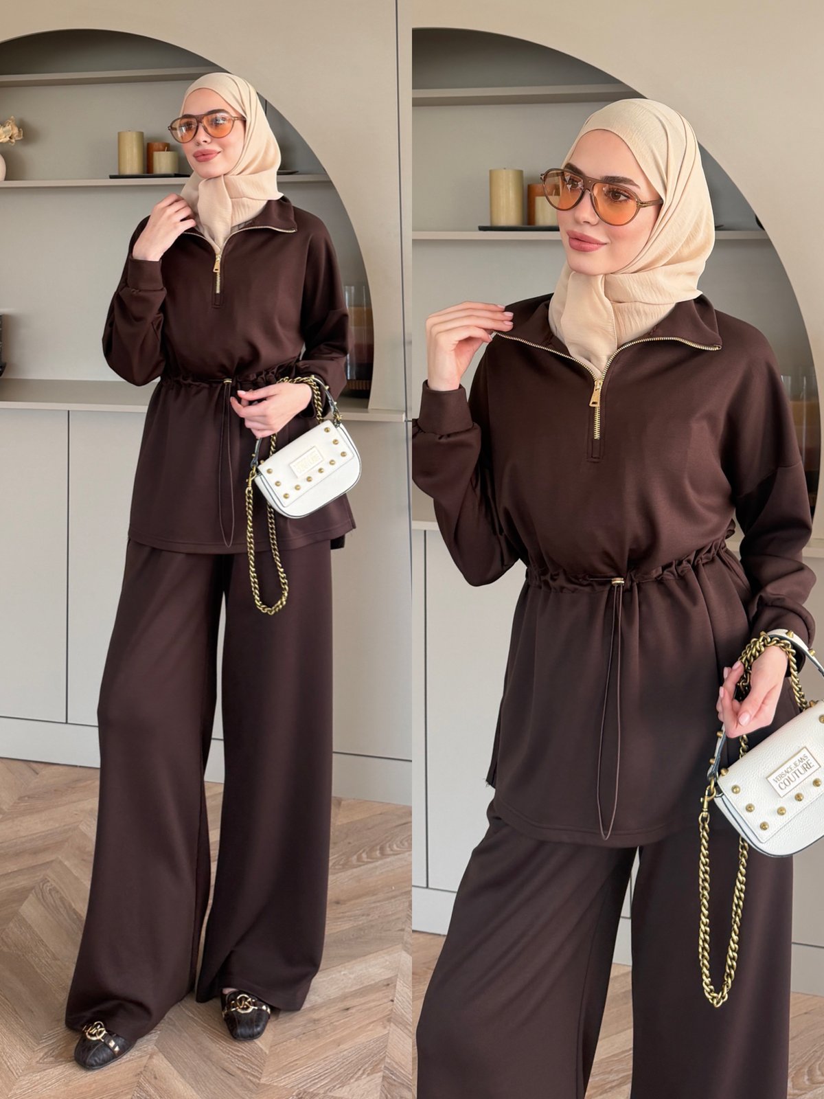 Moka Beli Büzgülü Dik Yaka Oysh Takım Kahve (2384)