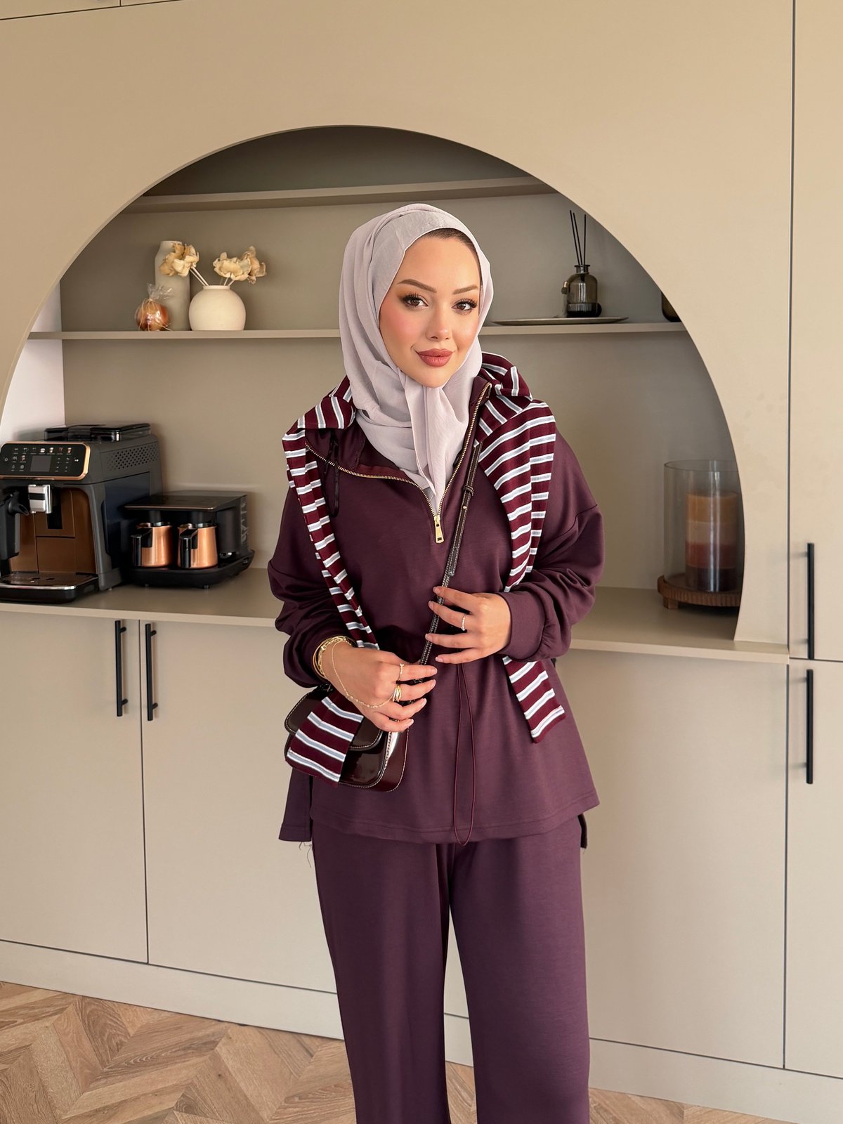 Moka Beli Büzgülü Dik Yaka Oysh Takım Mürdüm (2384)