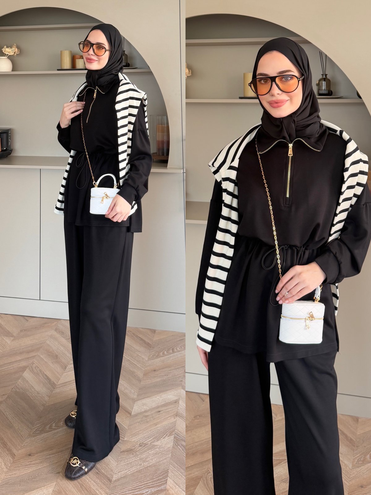 Moka Beli Büzgülü Dik Yaka Oysh Takım Siyah (2384)
