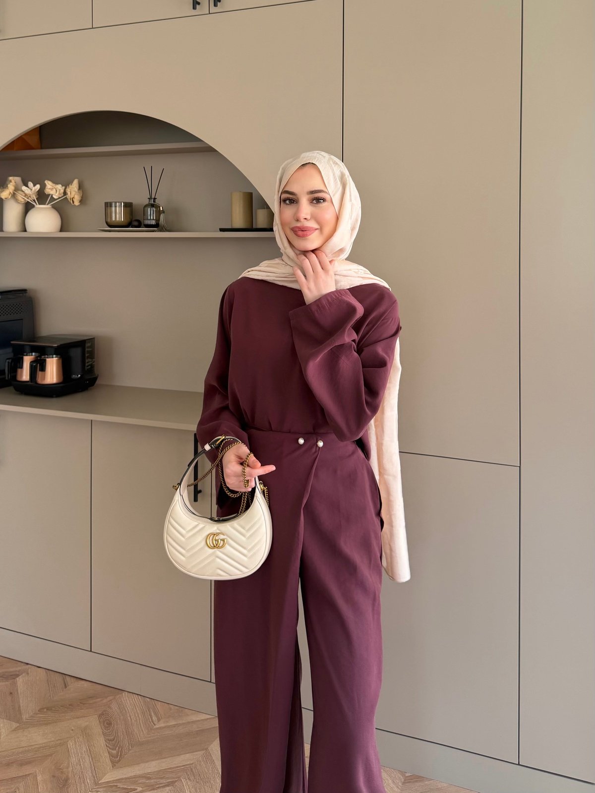Monvi İnci Detaylı Asimetrik Pantolon Takım Bordo