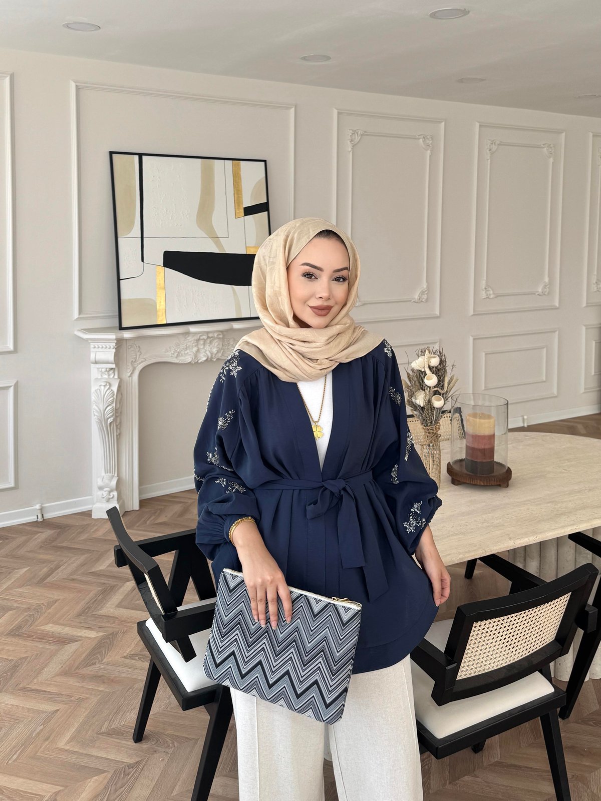 Nakışlı Kimono Lacivert