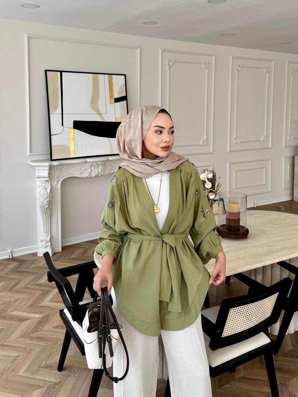 Nakışlı Kimono Yağ Yeşili