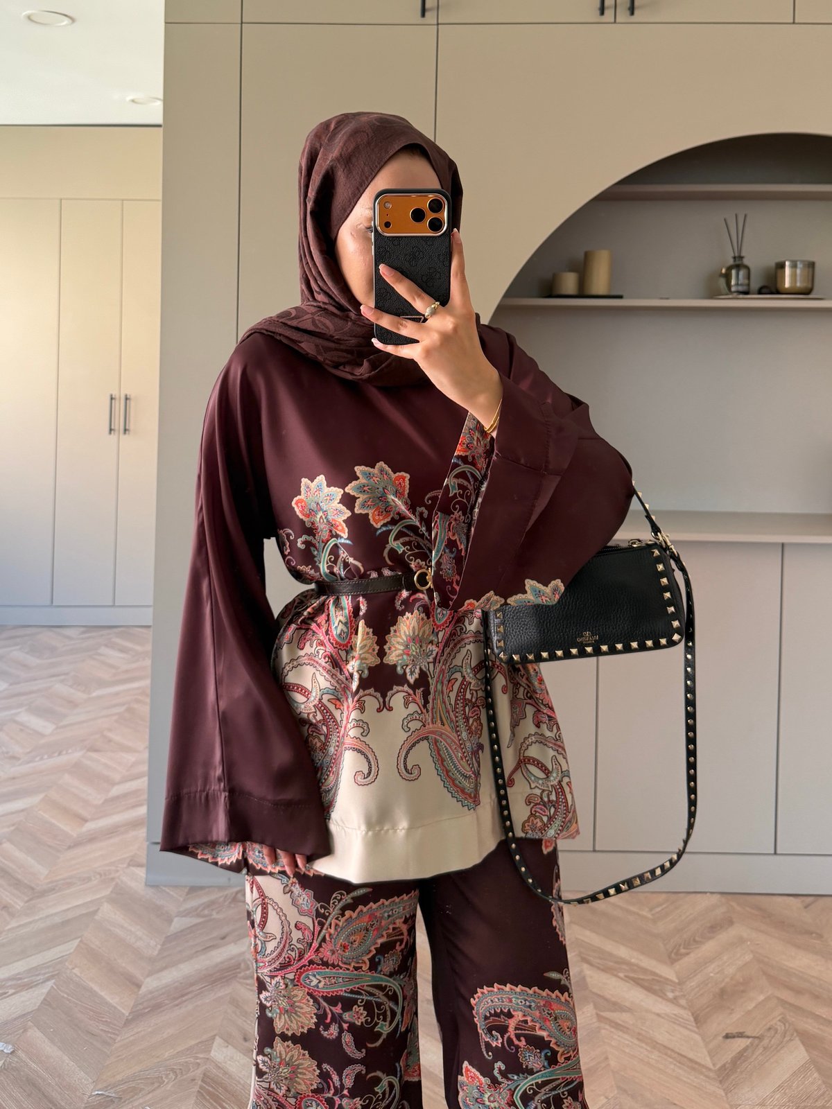 Nefes Çiçek Desenli Pantolonlu Takım Kahve (5823)