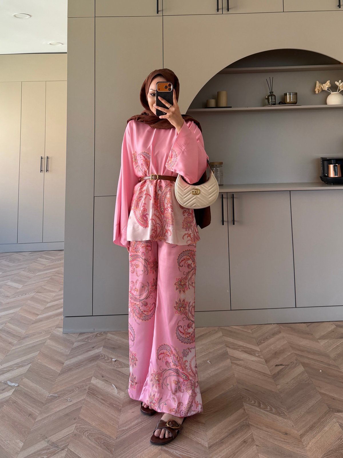 Nefes Çiçek Desenli Pantolonlu Takım Pembe (5823)