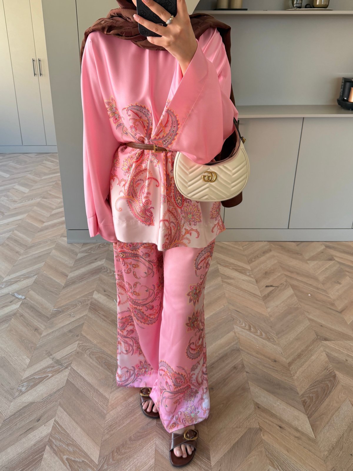 Nefes Çiçek Desenli Pantolonlu Takım Pembe (5823)