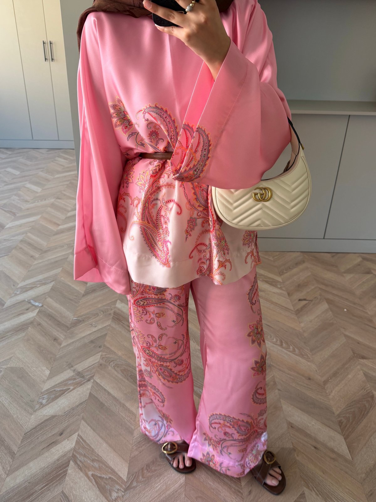 Nefes Çiçek Desenli Pantolonlu Takım Pembe (5823)
