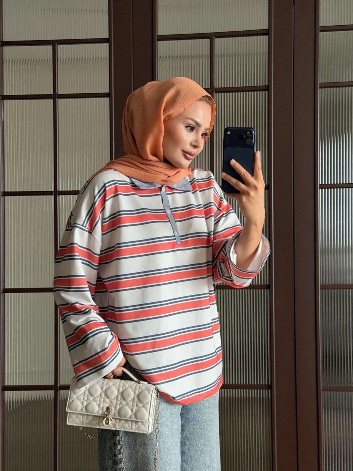 Nocay Polo Yaka Çizgili Sweat Turuncu (7045)