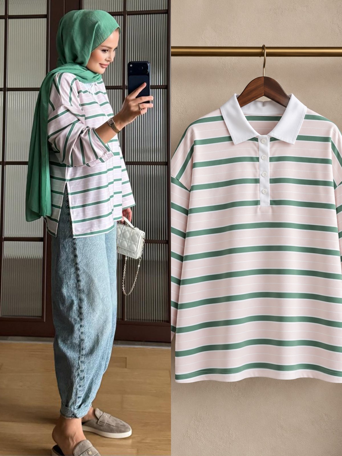 Nocay Polo Yaka Çizgili Sweat Yeşil (7045)