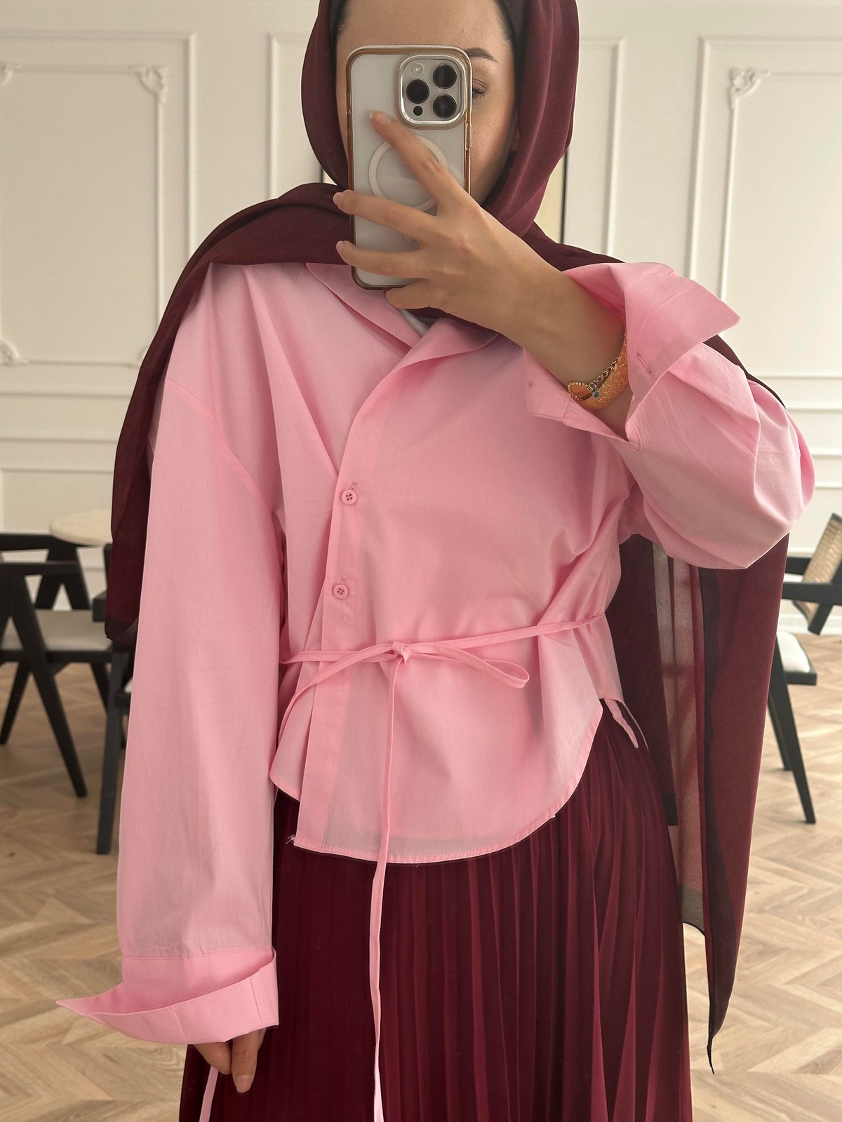 Yandan Bağlamalı Poplin Gömlek Pembe