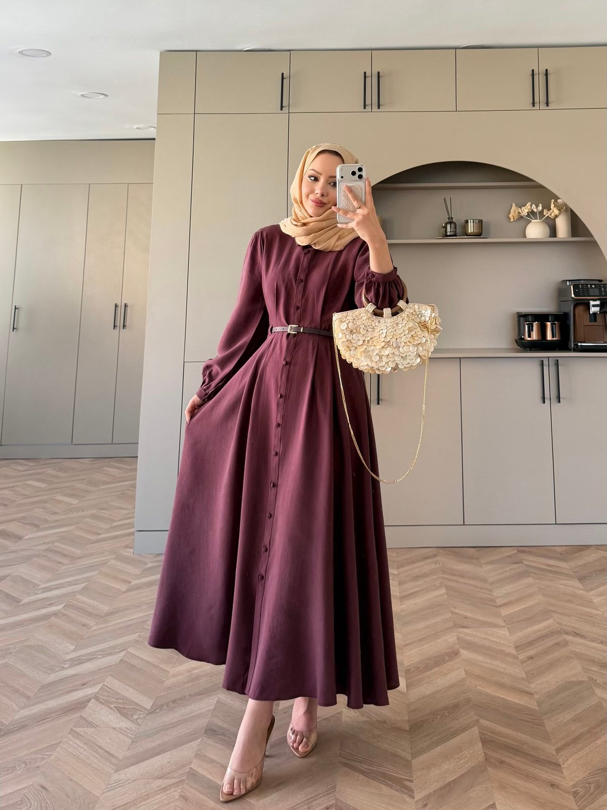 Perla Kemerli Elbise Mürdüm 